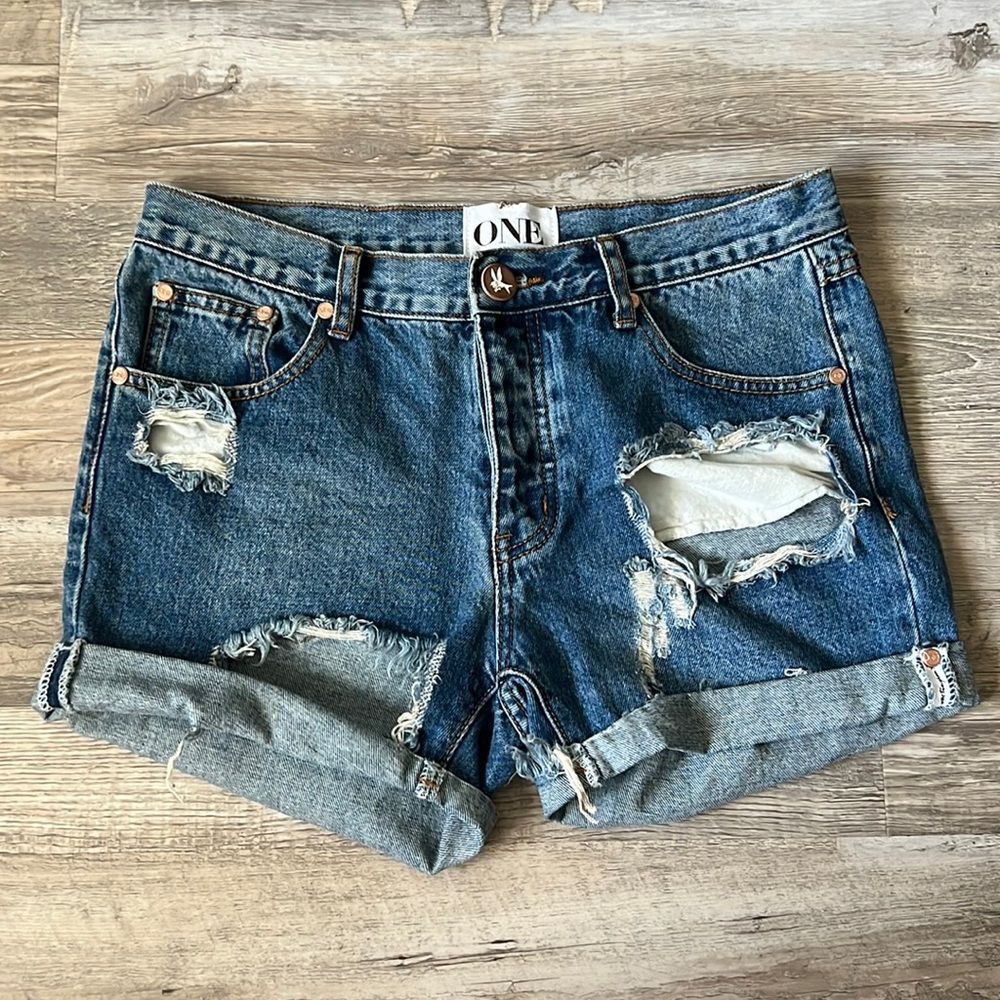 One Teaspoon Distressed Denim Shorts Cuffed Blue Jean Shorts Size 28
